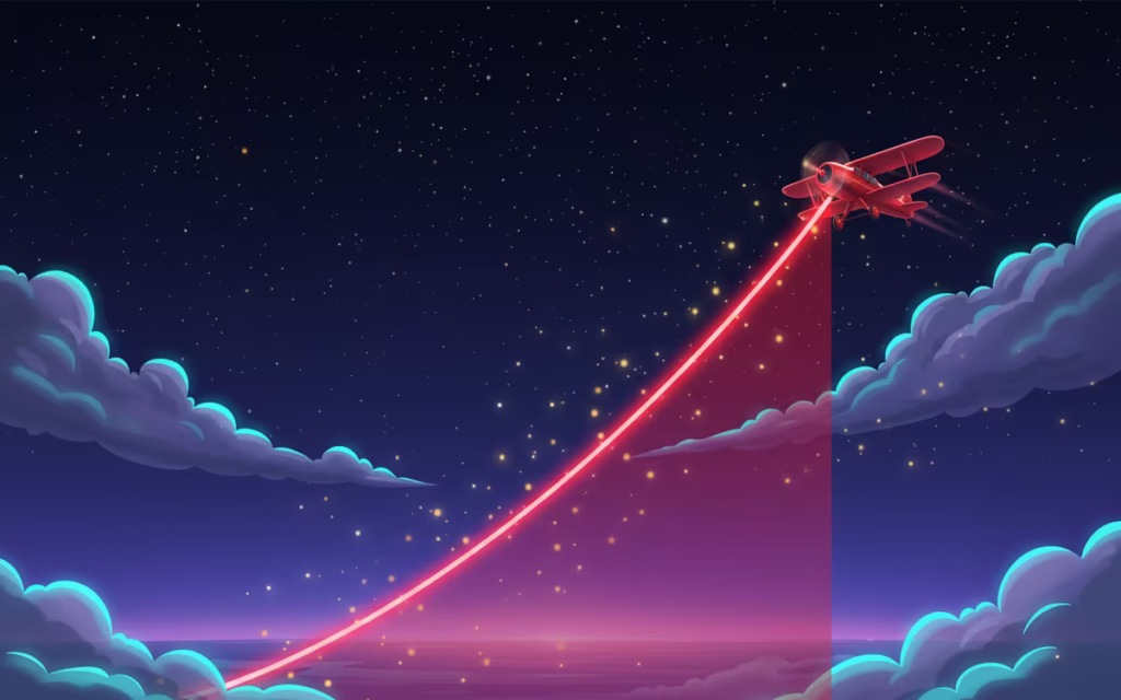 Aviator de Spribe: avión rojo despegando sobre un cielo de multiplicadores